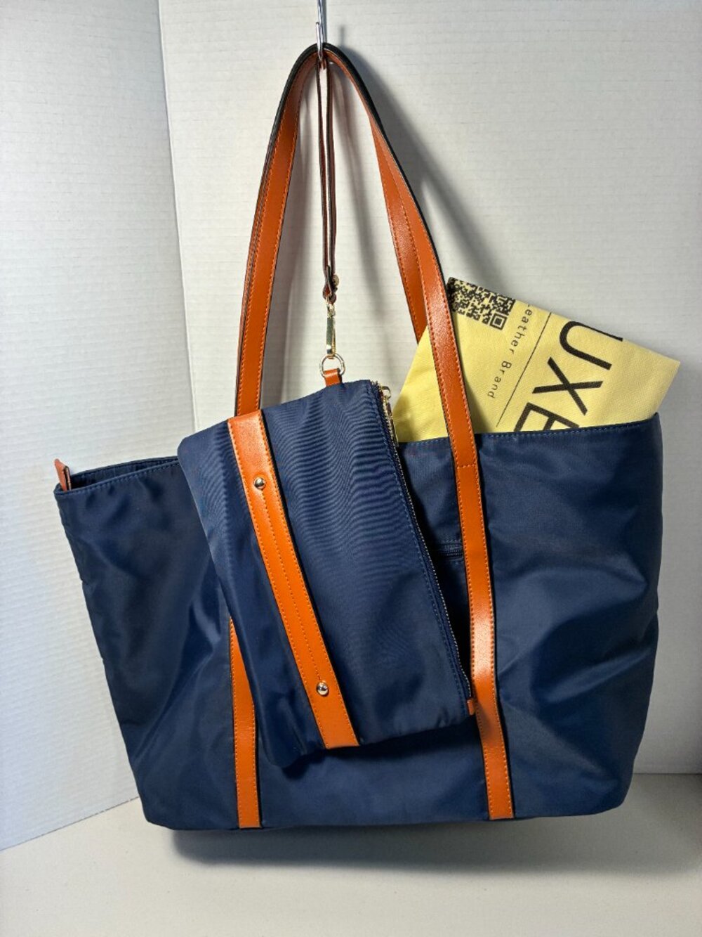 Yaluxe Navy Blue Nylon Tote Bag Zipper, Brown Leather Straps, Matching Wristlet